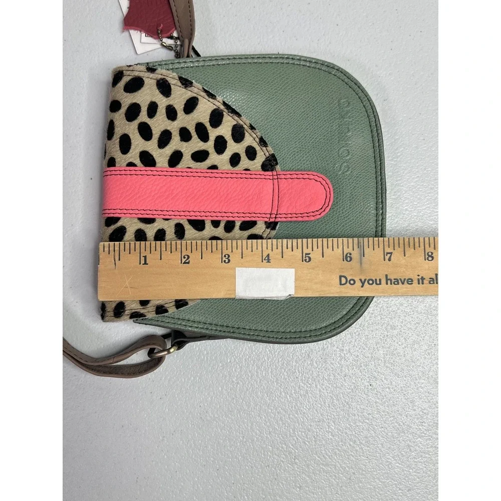 Soruka Ferrara Leather Crossbody Bag Green Pink Calf Hair Animal Print Purse NEW